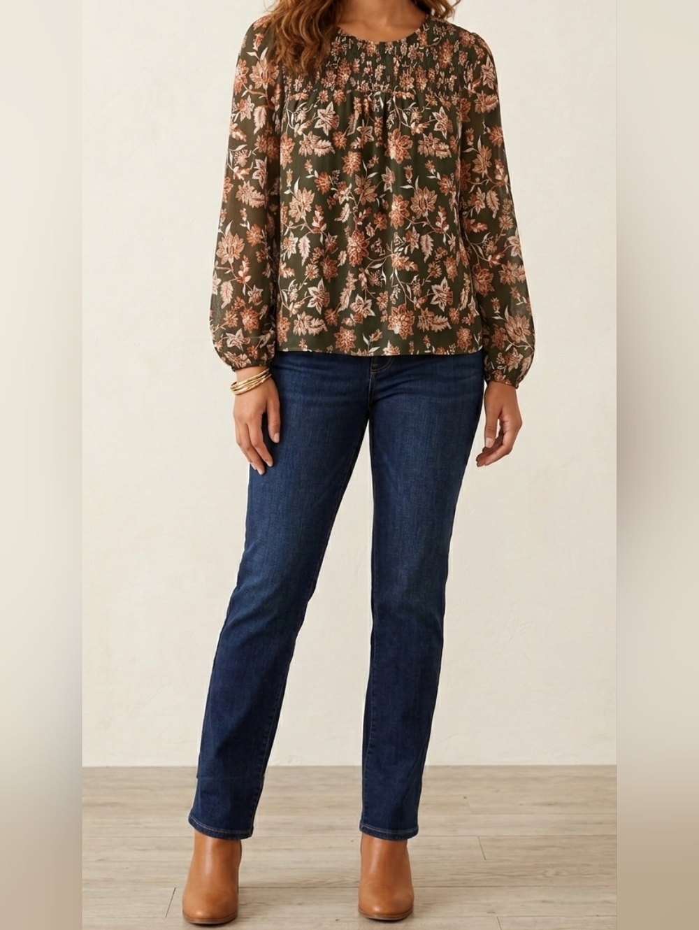 Draper James Smocked Floral Long Sleeve B|ouse Olive Green Brown Cream /Size M